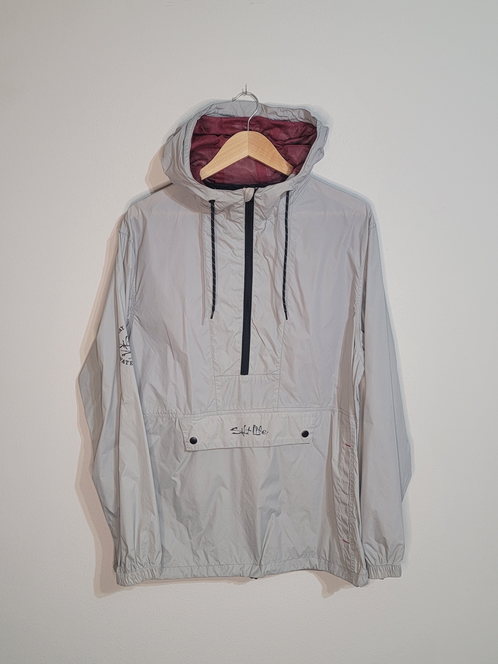 Salt Life Light Gray Hooded Windbreaker with Burgundy Lining